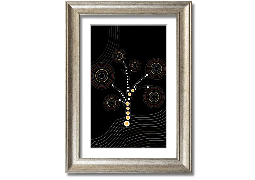 Framed Aboriginal Tree 2 print showcasing vibrant colors and intricate patterns, ready to hang.